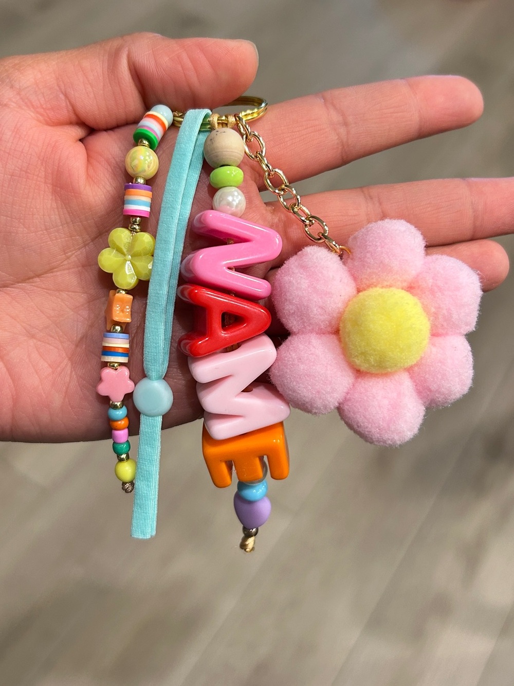 Personalized bag charm/ Keychain Charm - Pink Flower & Chunky Name Beads